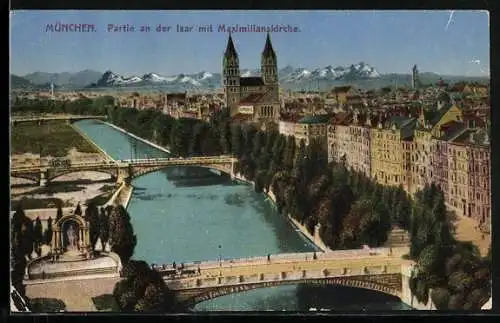 AK München, Auenstrasse, Partie an der Isar mit der Maximilianskirche