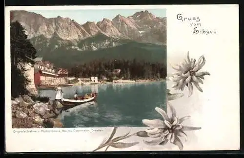 Lithographie Eibsee, Uferpartie mit Blick auf Bergen und Ortschaft mit Ruderboot