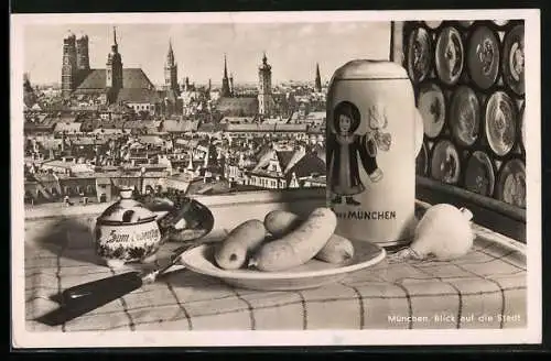 AK München, Blick auf die Stadt, Bierkrug mit Münchner Kindl, Weisswürste und Brezel