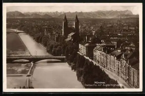 AK München, Isarpartie mit Maximilianskirche & Zugspitzgruppe