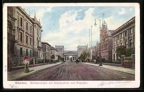 AK München, Briennerstrasse mit Schackgallerie und Propyläen