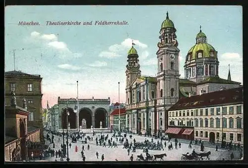 AK München, Soldaten marschieren an der Theatinerkirche und Feldherrnhalle vorbei, Pferdekutsche