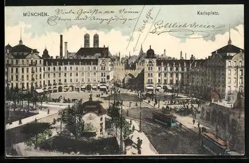 AK München, Karlsplatz aus der Vogelschau, Strassenbahn