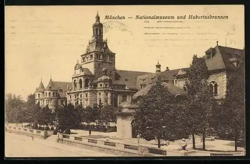 AK München, Nationalmuseum und Hubertusbrunnen