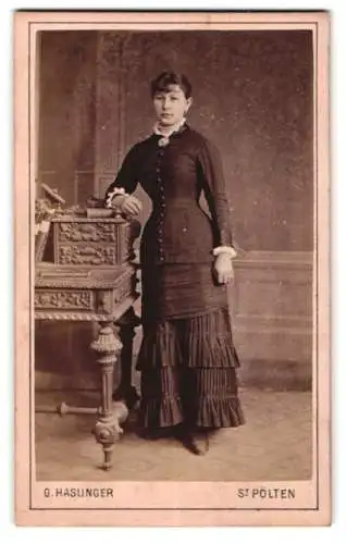 Fotografie G. Haslinger, St. Pölten, Park-Promenade No. 24, Porträt einer Dame in elegantem Kleid