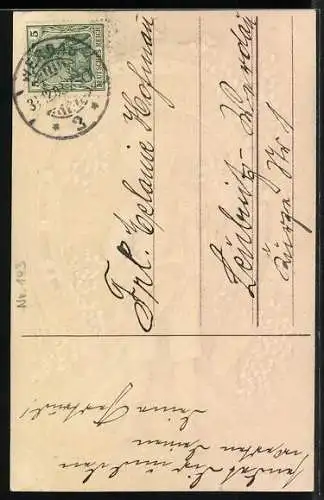 AK Junge mit einem Rosenstrauss, Hufeisen mit Vergissmeinnicht, Neujahr