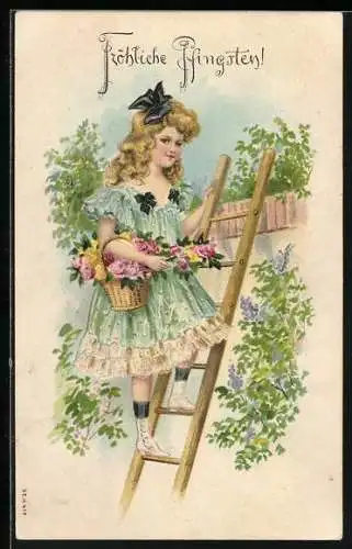 AK Fröhliche Pfingsten, Mädchen mit einem Korb Blumen auf der Leiter