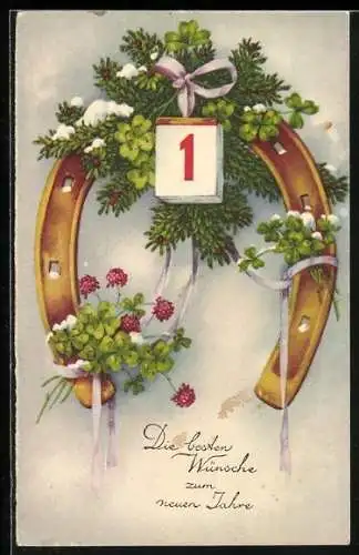 AK Kalender an Hufeisen mit Klee, Neujahr