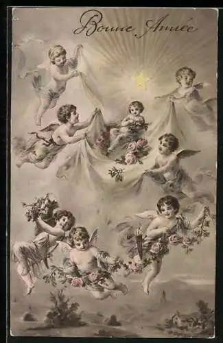 AK Neujahrsengel mit Rose im Himmel, Bonne Année