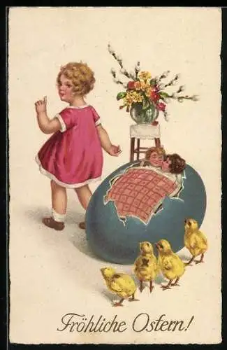 Künstler-AK Osterküken gucken zu Puppen im Osterei-Bett hoch
