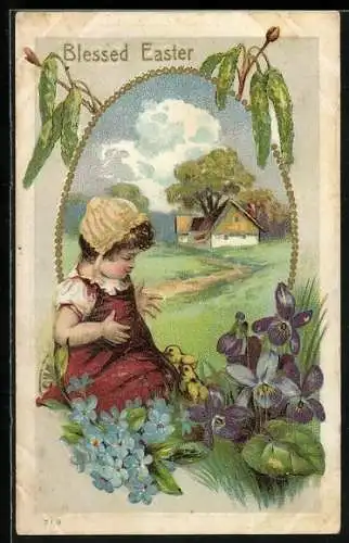 AK Frohe Ostern, niedliches Mädchen mit Osterküken, Blessed Easter