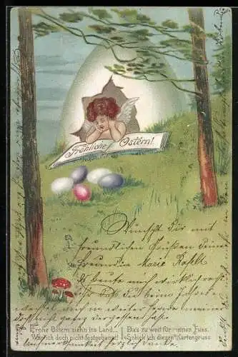 Lithographie Osterengel in einer Eierschale liest ein Buch