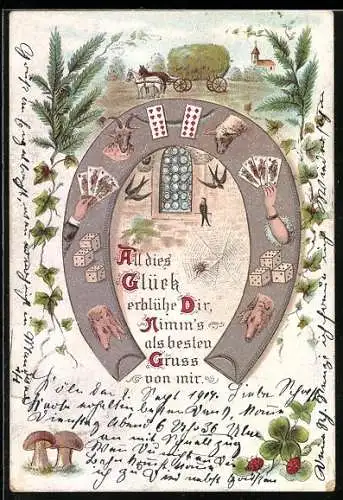 Lithographie Hufeisen mit Spielkarten, Schweinen, Würfeln und Kleeblatt
