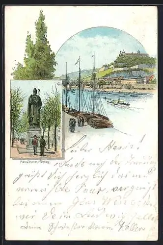 Lithographie Würzburg, Flusspartie mit Blick zur Burg, Franz Scheiner Denkmal