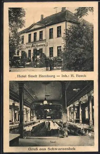 Foto-AK Schwarzenbek, Hotel Stadt Hamburg, Gebäudeansicht und Saal