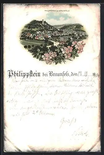 Lithographie Philippstein bei Braunfels, Ortsansicht mit Blick zur Burg