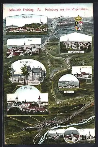 Künstler-AK Eugen Felle: Freising, Bahnlinie Freising-Langenbach-Au aus der Vogelschau