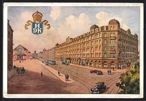 Künstler-AK München, Hotel Deutscher Kaiser an der Ecke Arnulfstrasse-Bahnhofplatz, Bes. Jos. Stengel