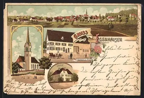 Lithographie Esenhausen, Gasthaus zur Traube, Kirche und Pfarrhof