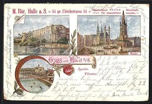 Künstler-AK Halle a. S., Der Markt mit Kirche, Die Moritzburg, Die Ruine Giebichenstein, Apollo-Theater