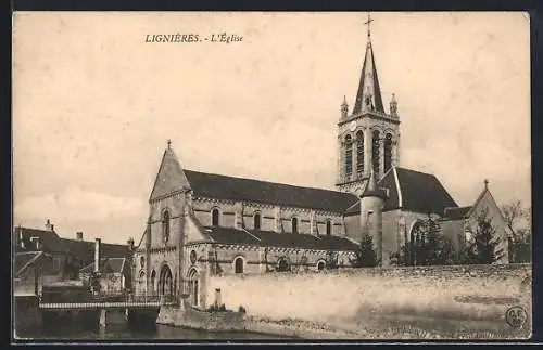 AK Lignières, L`Église et son clocher imposant