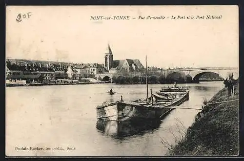 AK Pont-sur-Yonne, Vue d`ensemble, Le Port et le Pont National