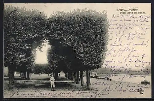 AK Pont-sur-Yonne, Promenade des Buttes avec allée ombragée et enfant se promenant