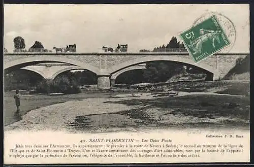 AK Saint-Florentin, Les Deux Ponts sur l`Armance avec élégance architecturale et paysage environnant