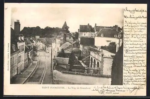 AK Saint-Florentin, La Tour de Brunehaut et vue sur la rue principale