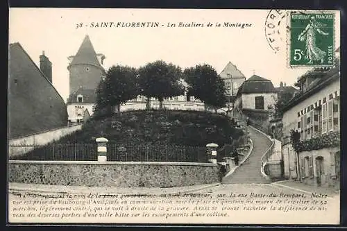 AK Saint-Florentin, Les Escaliers de la Montagne et vue sur la rue Basse-du-Rempart