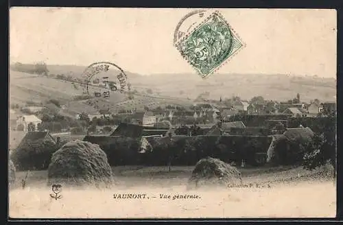 AK Vaumort, Vue générale du village avec champs et meules de foin