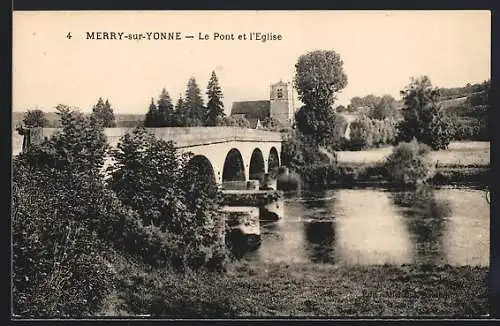 AK Merry-sur-Yonne, Le Pont et l`Église