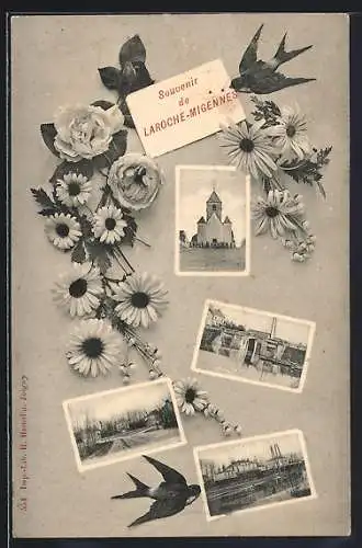 AK Laroche-Migennes, Souvenir avec fleurs et vues de la ville