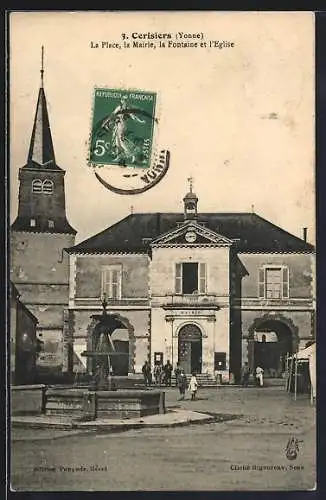 AK Cerisiers /Yonne, La Place, la Mairie, la Fontaine et l`Église