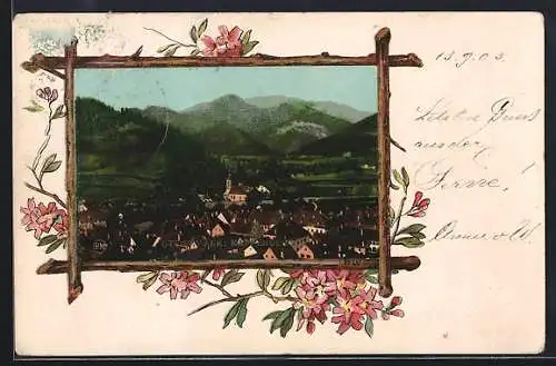 Lithographie Kapfenberg /Steiermark, Teilansicht mit Bergpanorama aus der Vogelschau, Ast-Rahmen mit Blumen