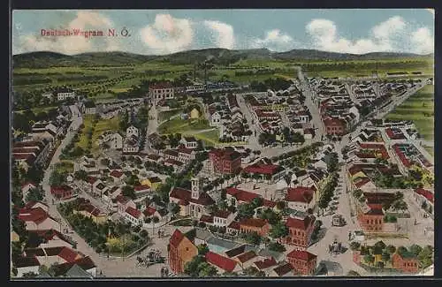 Künstler-AK Deutsch-Wagram /N. Ö., Schematisierte Gesamtansicht mit Strassen und Bergpanorama aus der Vogelschau