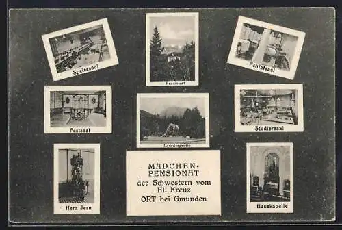 AK Gmunden-Ort, Mädchen-Pensionat der Schwestern vom H. Kreuz, Innenansichten Festsaal, Hauskapelle und Schlafsaal