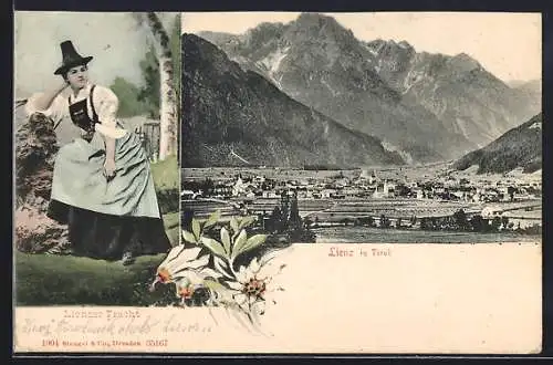 AK Lienz in Tirol, Lienzerin in Tracht, Totalansicht mit Gipfelpanorama, Edelweiss