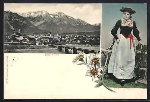 AK Hall in Tirol, Unterinntalerin in Tracht, Panorama mit Bergmassiv