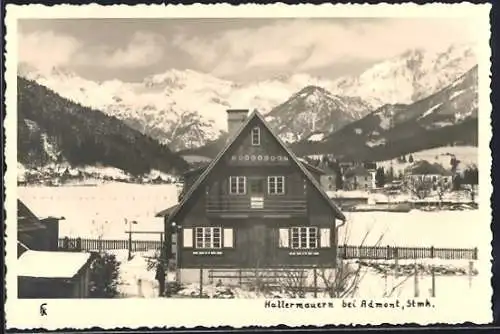 AK Admont, Hallermauern, Haus mit Orts- und Bergpanorama im Winter