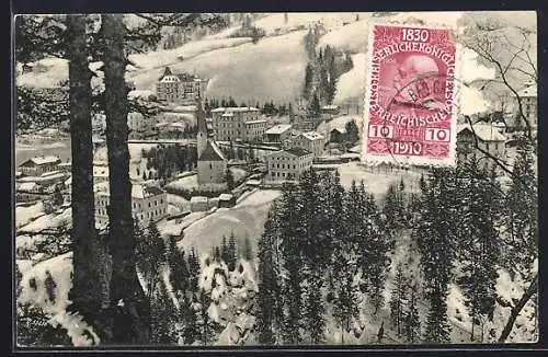 AK Bad Gastein, St. Nicolaus im Winter aus der Vogelschau