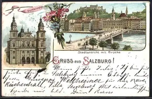 Lithographie Salzburg, Domkirche, Stadtansicht mit Brücke u. Festung, Blumenstrauss