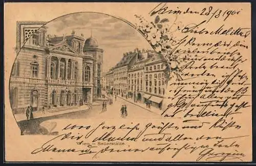 Künstler-AK Wien, Seilerstätte, Strassenpartie mit Kuppelgebäude, Ornament, Blumen