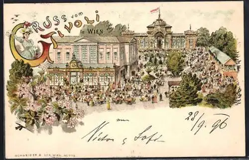 Lithographie Wien, Gaststätte Tivoli, Gelände mit Gebäuden und Besuchern, Winkende Dame