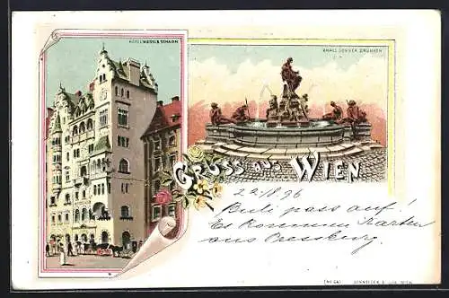 Lithographie Wien, Hotel Meissl Schadn und Rafael Donner Brunnen