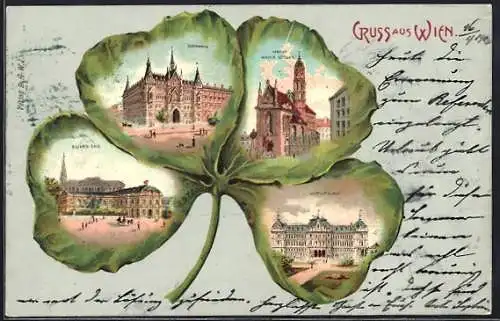 Passepartout-Lithographie Wien, Blumen-Säle, Sühnhaus, Kirche Maria Stiegen, Justizpalast im Kleeblatt
