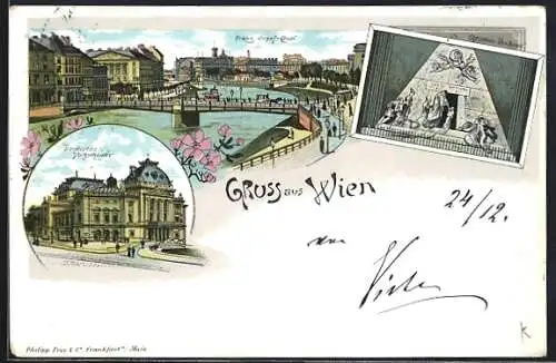 Lithographie Wien, Deutsches Volkstheater, Christinen-Denkmal, Franz-Josef-Quai