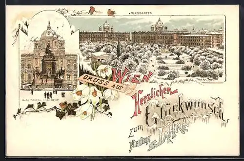 Lithographie Wien, Volksgarten und Maria Theresia-Monument im Winter, Schneeglöckchen, Neujahrsgruss