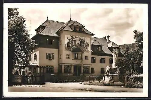 AK Bruck a. Mur, Forsthaus / Studentenheim Hubertushof mit Skulpturenbrunnen