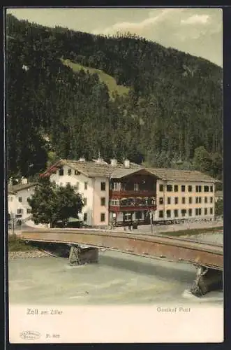 AK Zell am Ziller, Gasthof Post mit Brücke